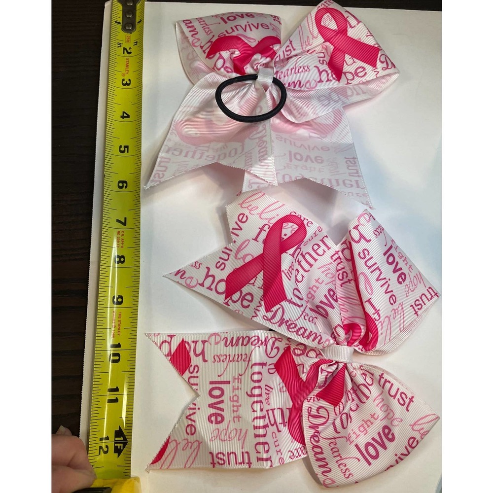 Two (2) Breast Cancer Survivor Cheer Ponytail Ribbons pink and white